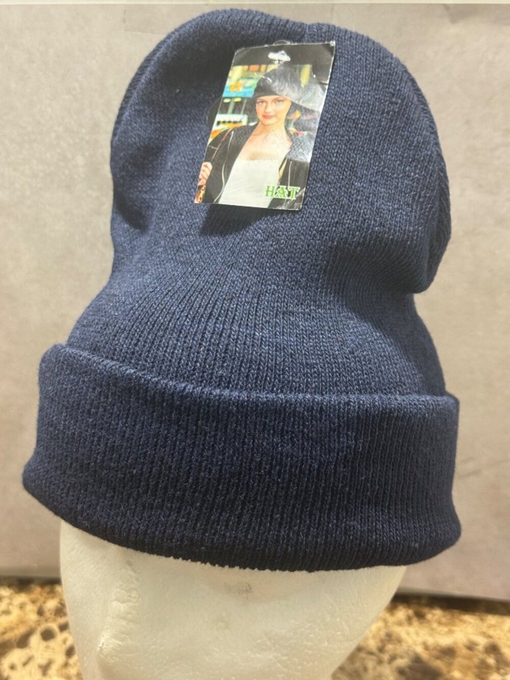 Navy Blue Knit Beanie Hat With Folded Cuff Warm Winter Cap For Men & Women
